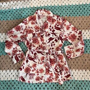 Rachel Zoe Red Cream Floral Linen Button-Down Belt Shirt Top Blouse Womans Small